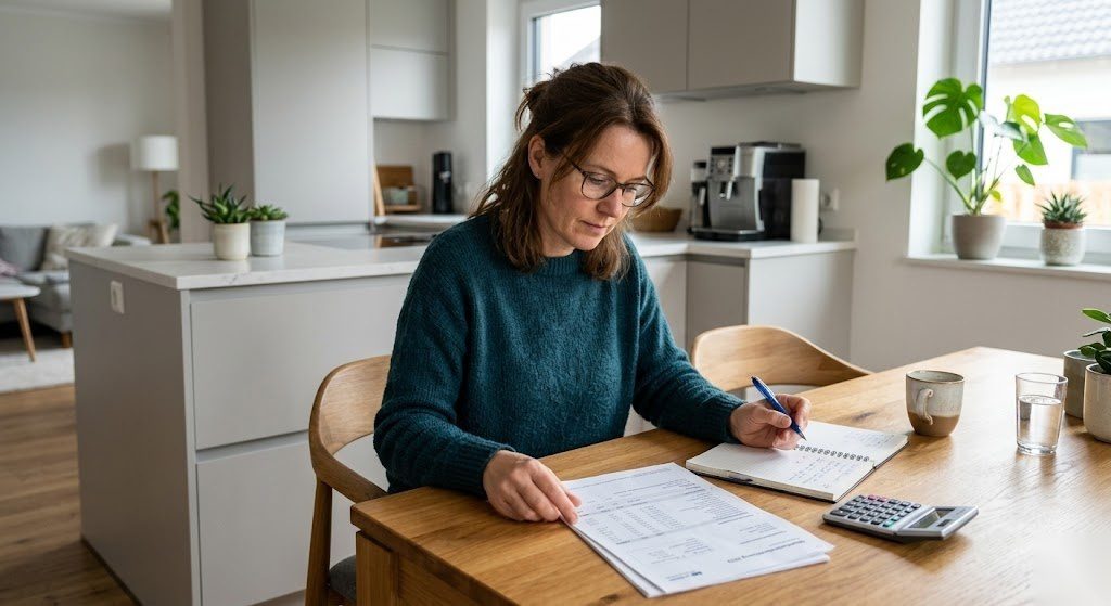 Person liest ihre Nebenkostenabrechnung am Küchentisch in Deutschland und überprüft alle Positionen