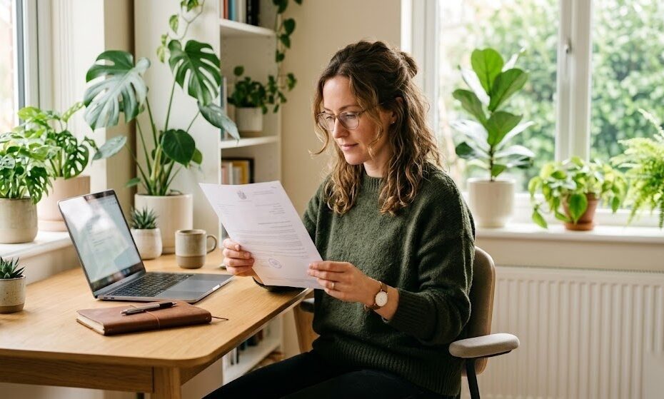 Person liest ein offizielles Dokument vom Finanzamt mit der Steuernummer in Deutschland