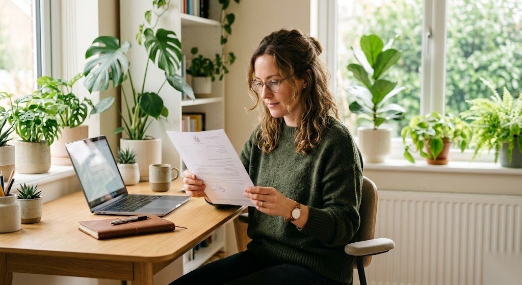 Person liest ein offizielles Dokument vom Finanzamt mit der Steuernummer in Deutschland