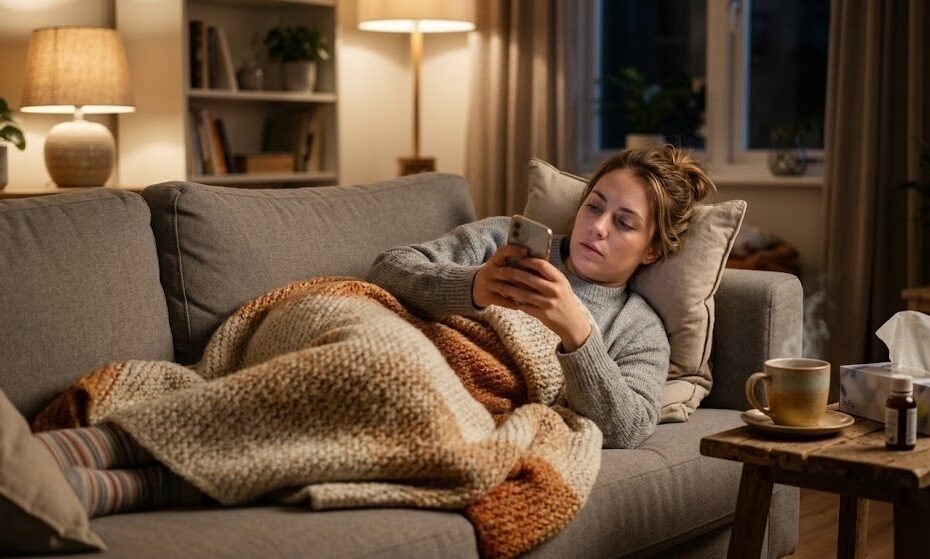 Kranke Person liegt zu Hause auf dem Sofa und kümmert sich um ihre Krankmeldung in Deutschland