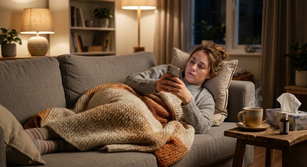 Kranke Person liegt zu Hause auf dem Sofa und kümmert sich um ihre Krankmeldung in Deutschland