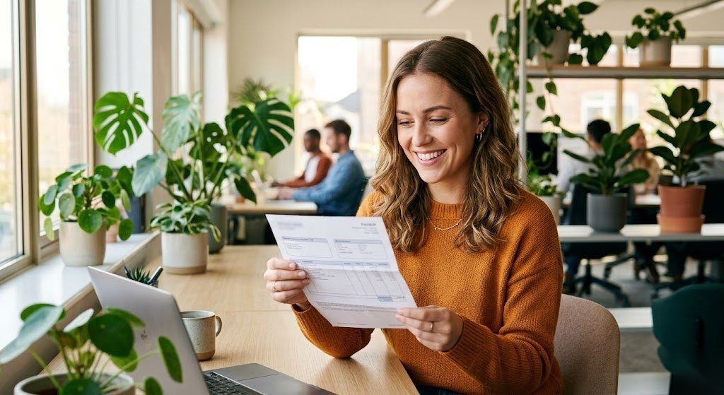 Arbeitnehmer schaut zufrieden auf seine Lohnabrechnung nach der Mindestlohnerhöhung 2026 in Deutschland