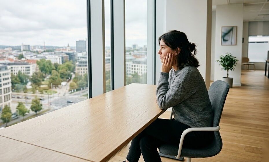 Arbeitnehmer in Kurzarbeit sitzt nachdenklich am Schreibtisch und denkt über seine finanzielle Situation nach in Deutschland