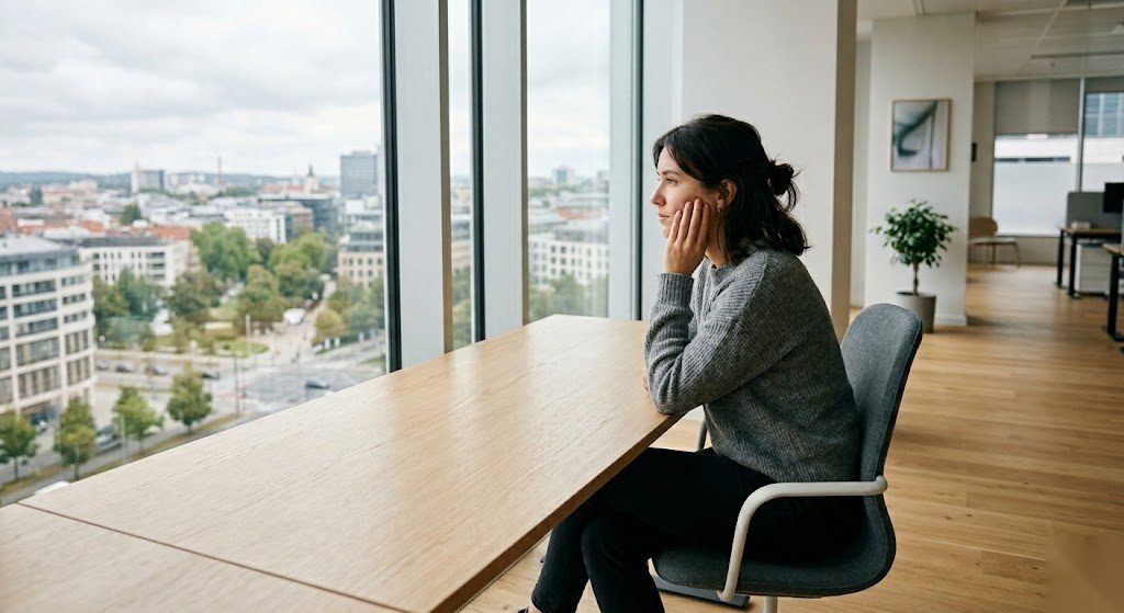 Arbeitnehmer in Kurzarbeit sitzt nachdenklich am Schreibtisch und denkt über seine finanzielle Situation nach in Deutschland