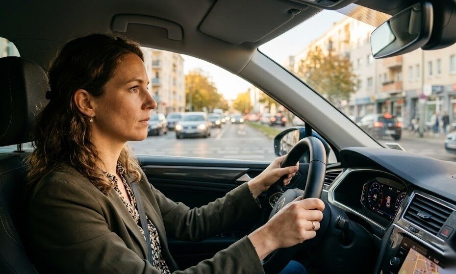 Person pendelt täglich mit dem Auto zur Arbeit und kann die Fahrtkosten als Pendlerpauschale in der Steuererklärung in Deutschland absetzen