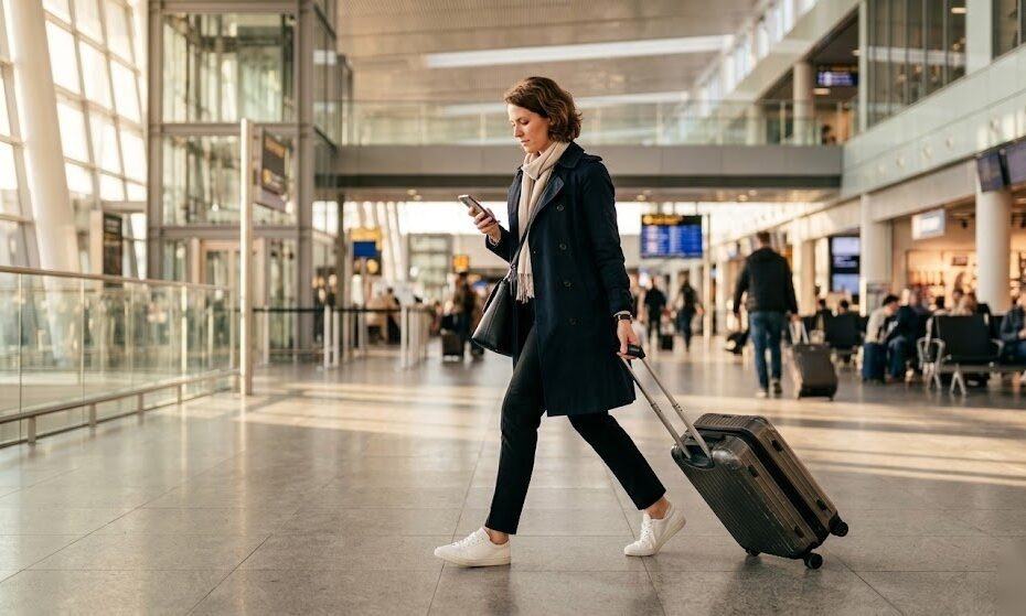 Person auf Dienstreise zieht ihren Koffer durch den Flughafen und rechnet anschließend alle Reisekosten steuerlich ab in Deutschland