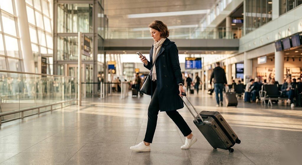 Person auf Dienstreise zieht ihren Koffer durch den Flughafen und rechnet anschließend alle Reisekosten steuerlich ab in Deutschland