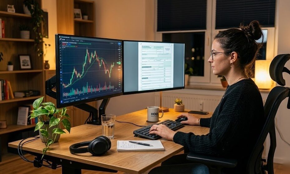 Person analysiert ihre Kryptowährungsinvestitionen und plant die steuerliche Behandlung von Bitcoin und anderen Kryptos in Deutschland
