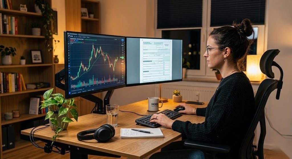 Person analysiert ihre Kryptowährungsinvestitionen und plant die steuerliche Behandlung von Bitcoin und anderen Kryptos in Deutschland