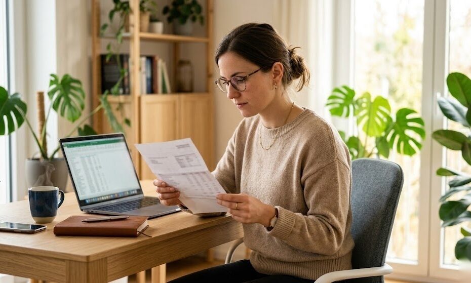 Person liest ihre Lohnabrechnung und berechnet ihren Nettolohn aus dem Bruttogehalt in Deutschland
