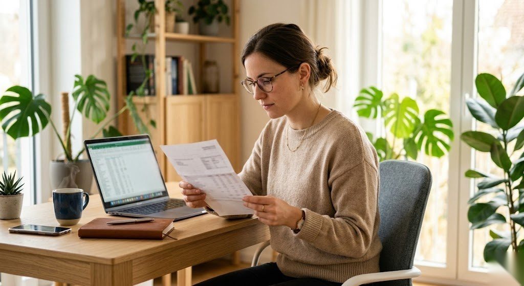 Person liest ihre Lohnabrechnung und berechnet ihren Nettolohn aus dem Bruttogehalt in Deutschland