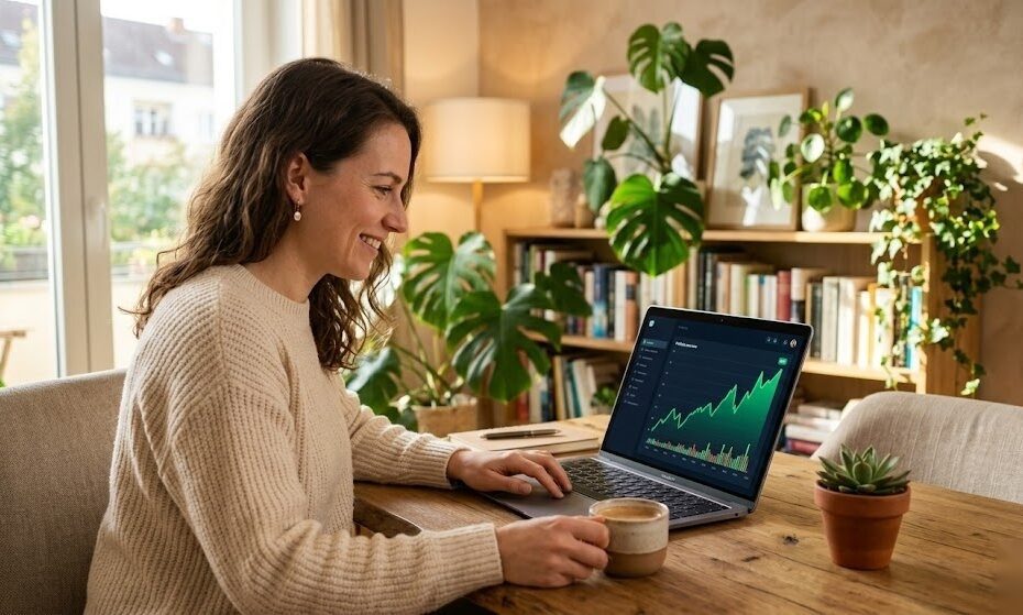 Person verfolgt ihren ETF Sparplan auf dem Laptop und baut langfristig Vermögen in Deutschland auf