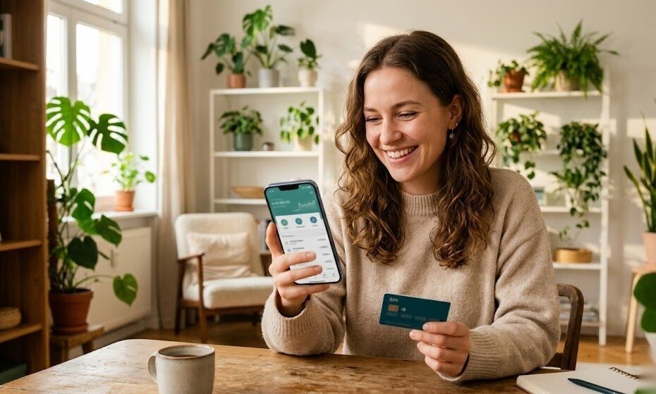 Person nutzt ihr Girokonto in Deutschland über die Banking-App auf dem Smartphone und ist zufrieden mit ihrer Wahl