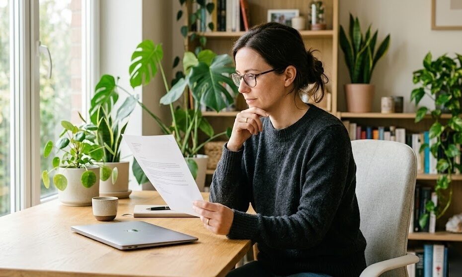 Person liest ihre SCHUFA-Auskunft in Deutschland und informiert sich über ihren Bonitätsscore