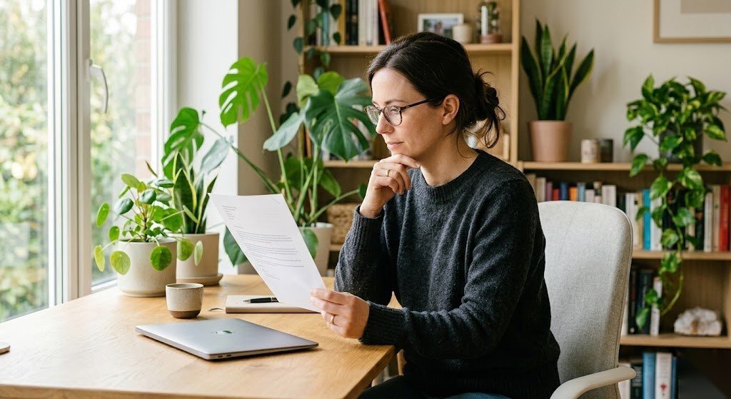 Person liest ihre SCHUFA-Auskunft in Deutschland und informiert sich über ihren Bonitätsscore