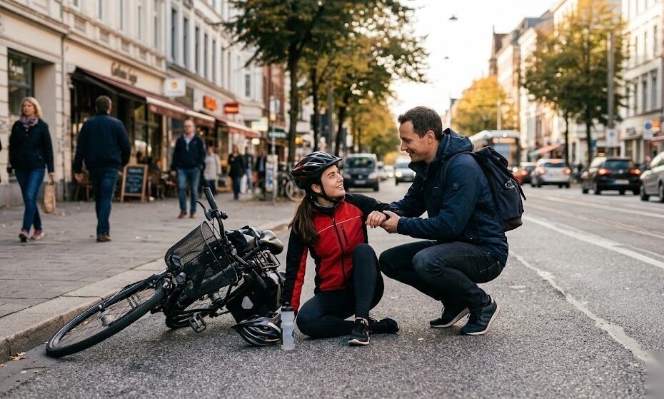 Person hilft nach einem kleinen Unfall als Symbol für die Bedeutung der Haftpflichtversicherung in Deutschland