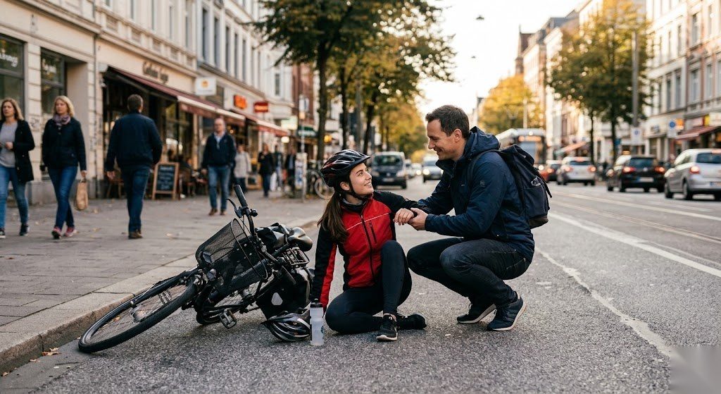 Person hilft nach einem kleinen Unfall als Symbol für die Bedeutung der Haftpflichtversicherung in Deutschland