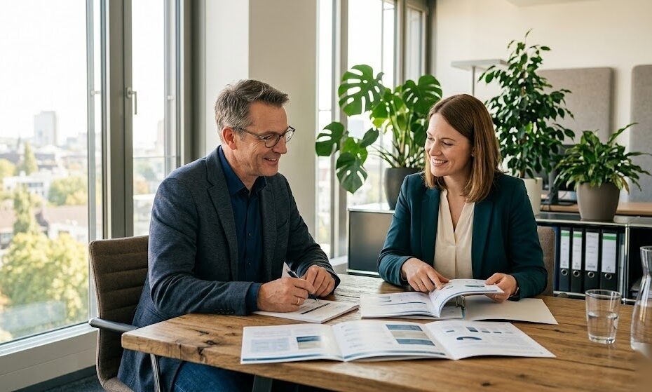 Arbeitnehmer bespricht seine betriebliche Altersvorsorge mit einer Beraterin in Deutschland
