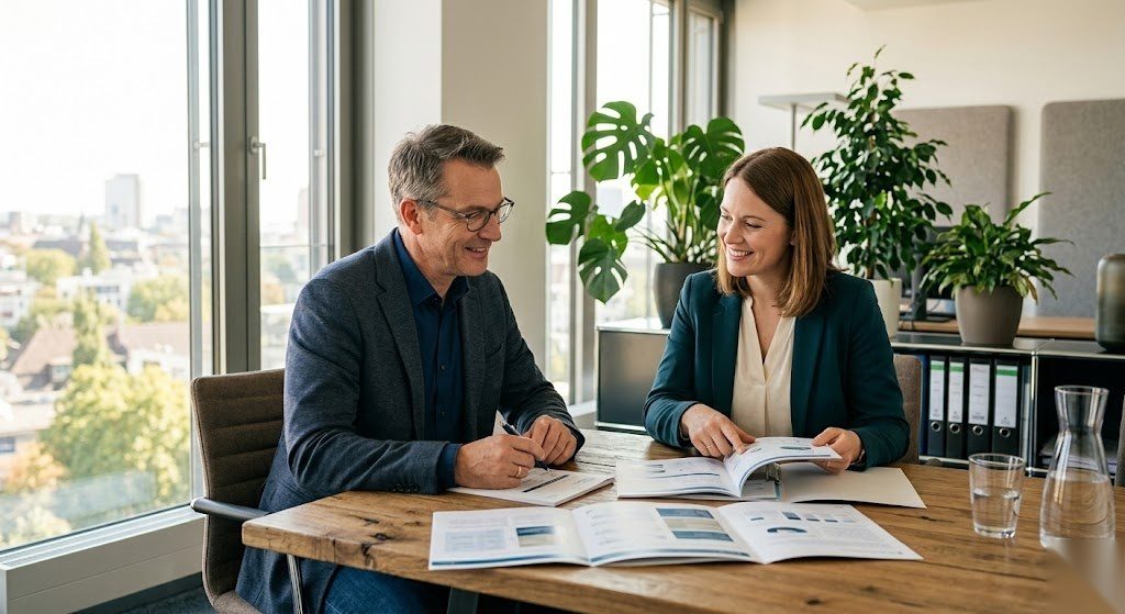 Arbeitnehmer bespricht seine betriebliche Altersvorsorge mit einer Beraterin in Deutschland