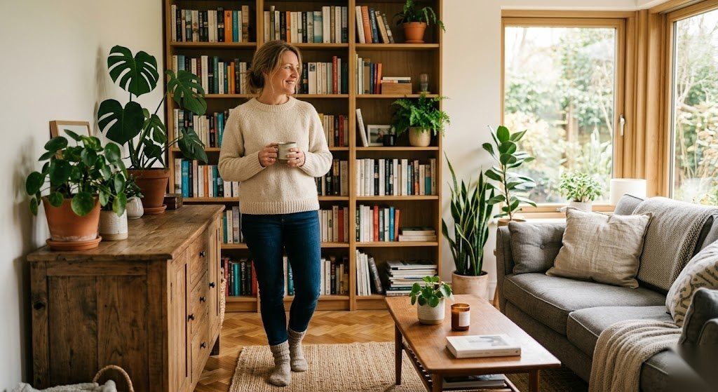 Person steht zufrieden in ihrer Wohnung und ist durch eine Hausratversicherung in Deutschland rundum abgesichert