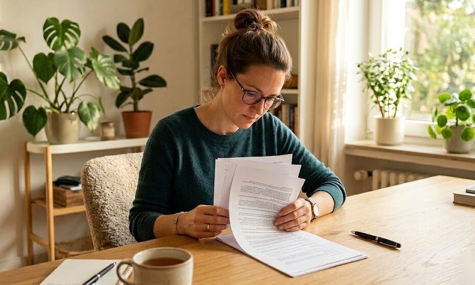 Person liest sorgfältig einen Mietvertrag bevor sie unterschreibt in Deutschland