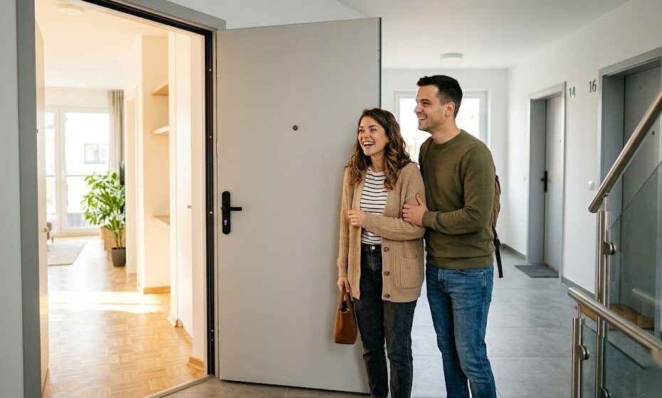 Paar besichtigt eine neue Mietwohnung in Deutschland und freut sich über das neue Zuhause