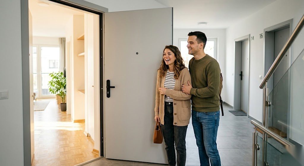 Paar besichtigt eine neue Mietwohnung in Deutschland und freut sich über das neue Zuhause