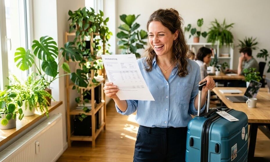 Person freut sich über ihr Urlaubsgeld auf der Gehaltsabrechnung und plant damit ihren Urlaub in Deutschland