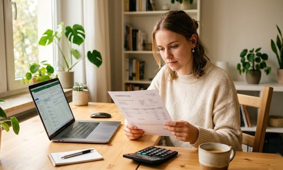 Person liest ihre Lohnabrechnung und versteht alle Positionen auf dem Gehaltszettel in Deutschland