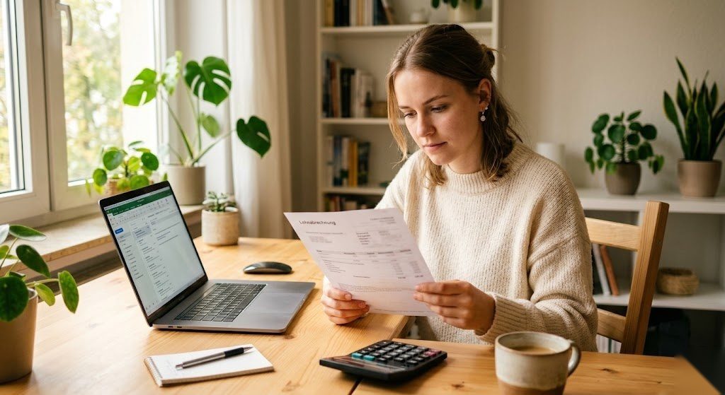 Person liest ihre Lohnabrechnung und versteht alle Positionen auf dem Gehaltszettel in Deutschland
