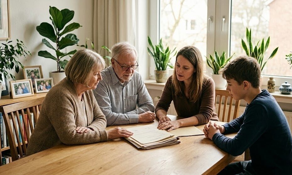 Familie bespricht gemeinsam ihre Erbschaftsplanung und die Erbschaftsteuer in Deutschland