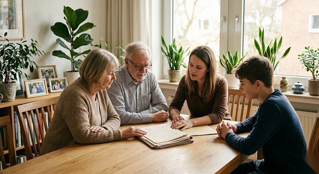 Familie bespricht gemeinsam ihre Erbschaftsplanung und die Erbschaftsteuer in Deutschland