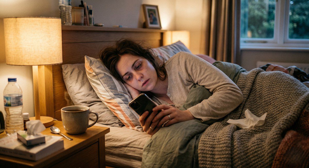 Kranke Person liegt im Bett und schaut auf ihr Smartphone