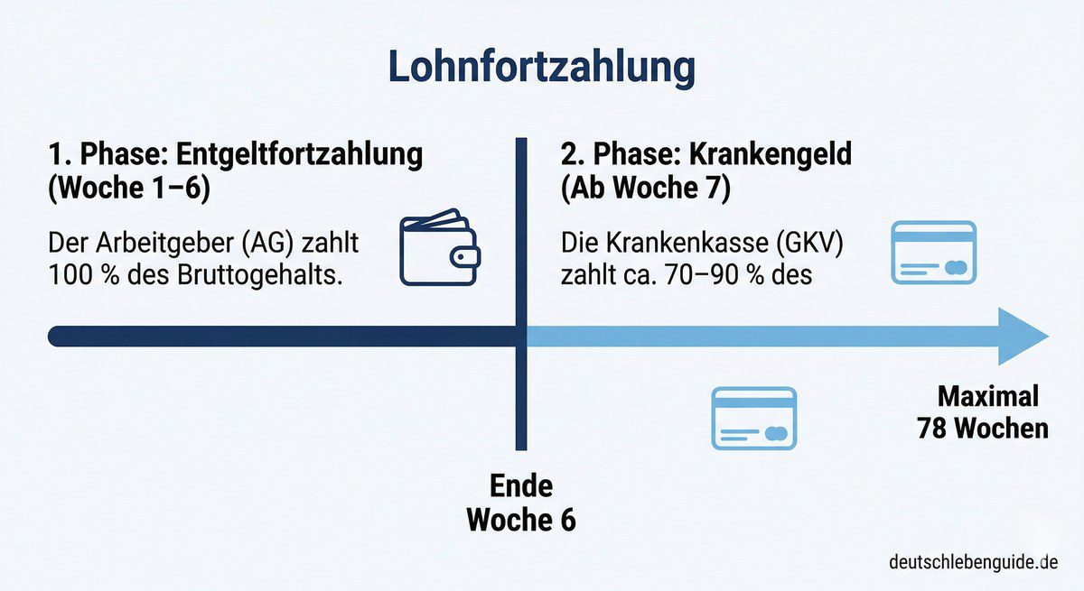 Infografik zur Lohnfortzahlung und Krankengeld Übergang nach sechs Wochen
