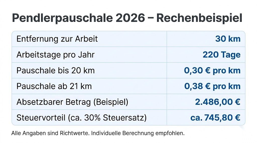 Infografik zur Pendlerpauschale 2026 mit Rechenbeispiel: Entfernung, Arbeitstage, Pauschalsätze und möglicher Steuervorteil im Überblick