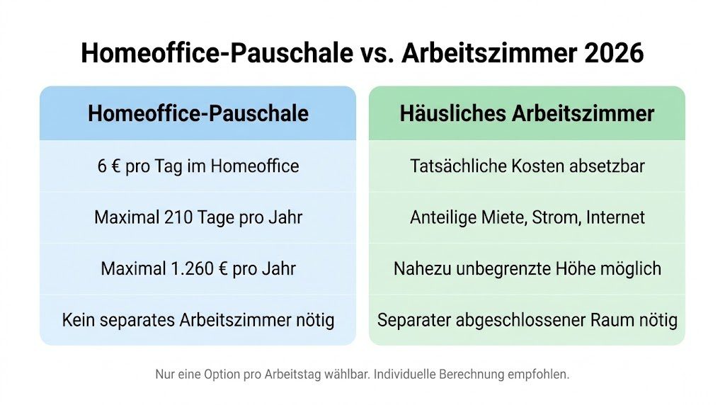 Infografik zum Vergleich zwischen Homeoffice-Pauschale und häuslichem Arbeitszimmer 2026 mit Beträgen und Voraussetzungen