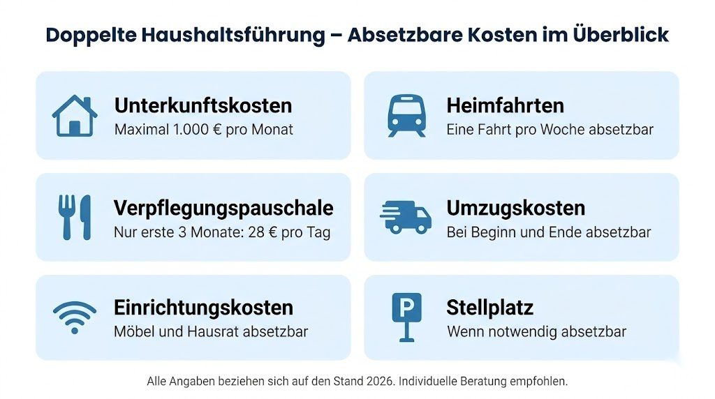 Infografik mit den absetzbaren Kosten bei doppelter Haushaltsführung 2026 inklusive Unterkunft, Heimfahrten, Verpflegung und Einrichtungskosten