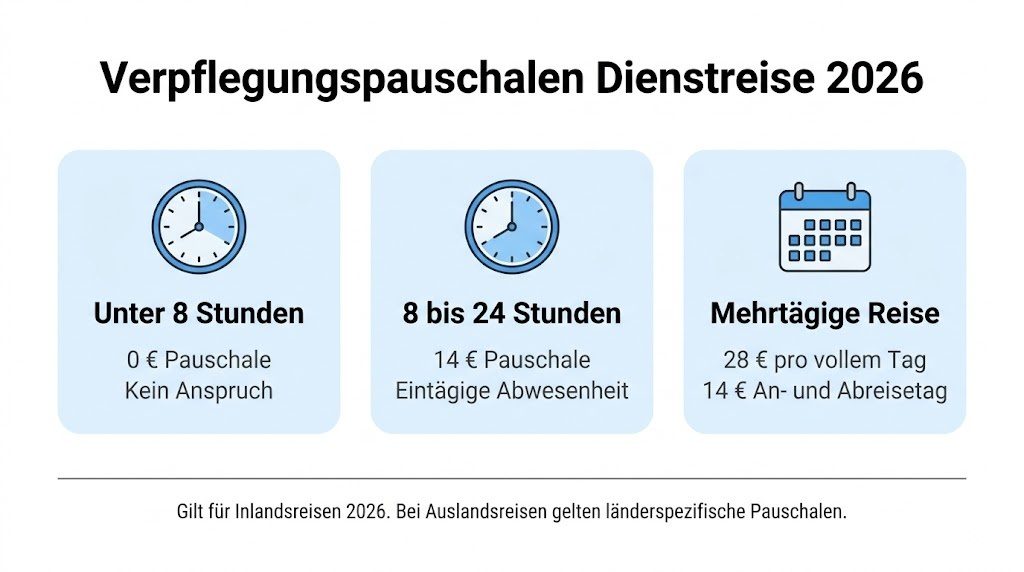 Infografik zu den Verpflegungspauschalen bei Dienstreisen in Deutschland 2026 nach Abwesenheitsdauer aufgeteilt