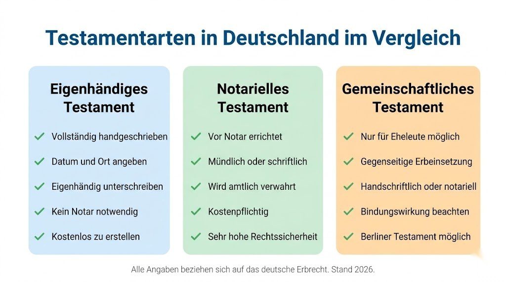 Infografik zum Vergleich der drei Testamentarten in Deutschland – eigenhändiges Testament, notarielles Testament und gemeinschaftliches Testament mit ihren Merkmalen