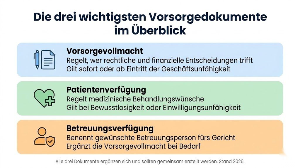 Infografik zu den drei wichtigsten Vorsorgedokumenten in Deutschland – Vorsorgevollmacht, Patientenverfügung und Betreuungsverfügung mit ihren jeweiligen Funktionen