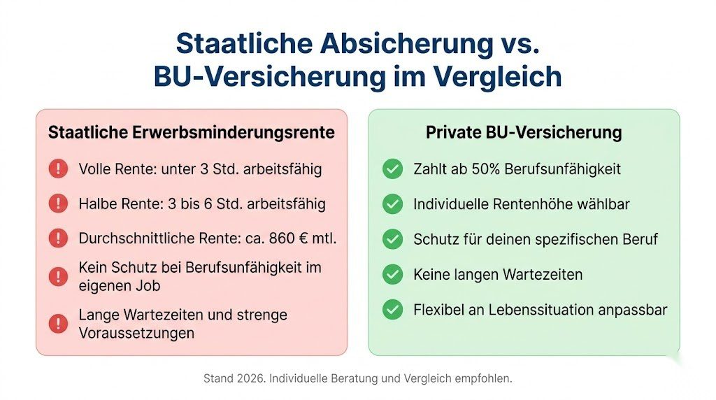 Infografik zum Vergleich zwischen staatlicher Erwerbsminderungsrente und privater Berufsunfähigkeitsversicherung in Deutschland 2026
