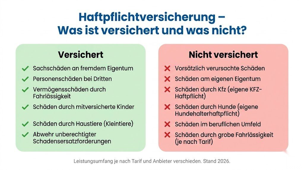 Infografik zur Haftpflichtversicherung in Deutschland 2026 – was ist versichert und was ist nicht versichert im Überblick