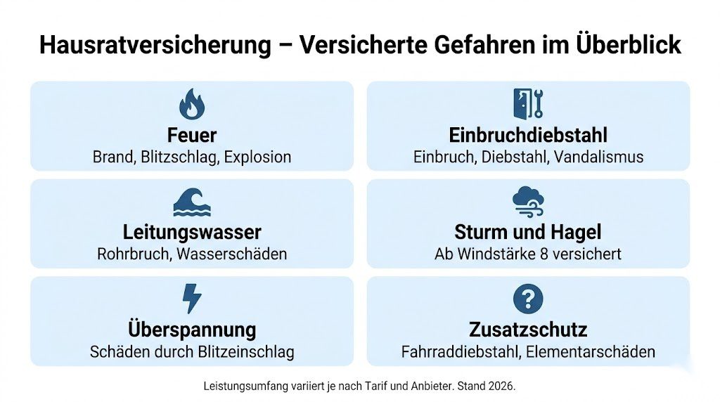 Infografik zu den sechs versicherten Gefahren der Hausratversicherung in Deutschland 2026 – Feuer, Einbruch, Wasser, Sturm, Überspannung und Zusatzschutz