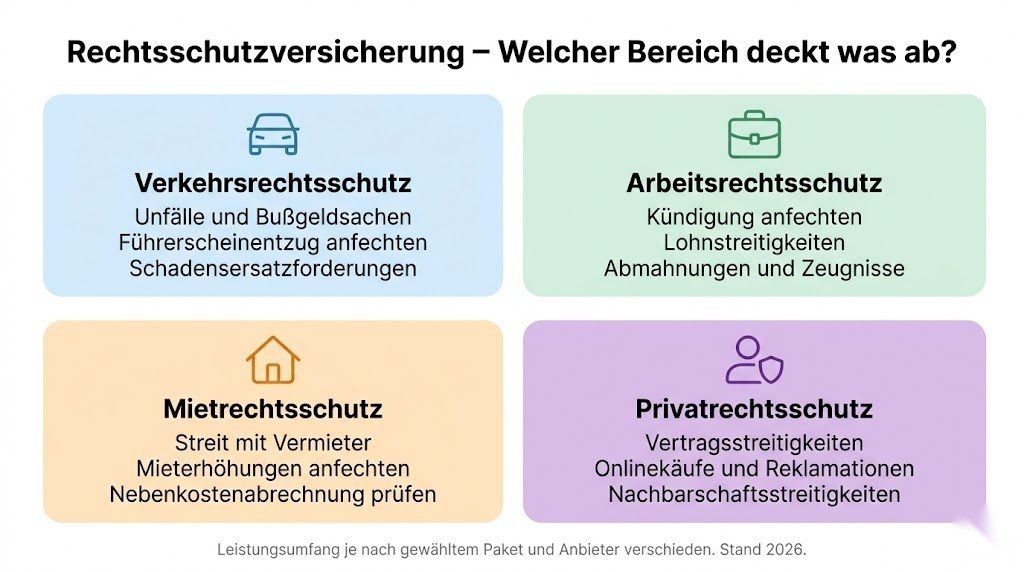 Infografik zu den vier Bereichen der Rechtsschutzversicherung in Deutschland 2026 – Verkehr, Arbeit, Miete und Privatrecht mit ihren jeweiligen Leistungen