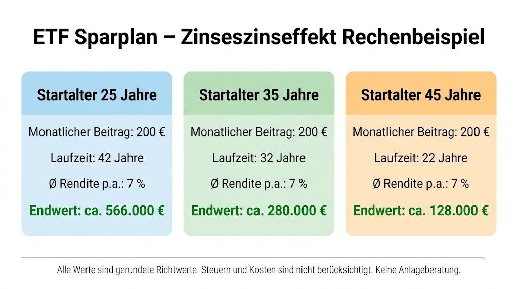 Infografik zum Zinseszinseffekt beim ETF Sparplan – Vergleich der Endwerte bei Startalter 25, 35 und 45 Jahren bei 200 Euro monatlich und 7 Prozent Rendite