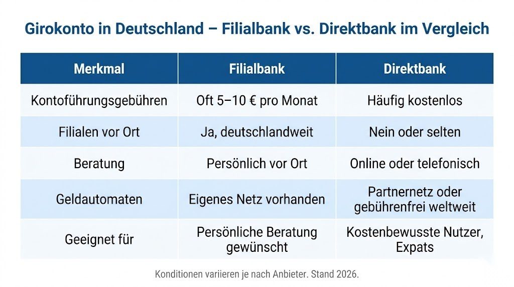 Vergleichsinfografik zwischen Filialbank und Direktbank in Deutschland 2026 nach Gebühren, Filialen, Beratung und Geldautomaten