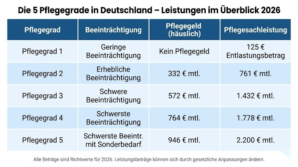 Infografik zu den fünf Pflegegraden in Deutschland 2026 mit monatlichem Pflegegeld und Pflegesachleistungen für jeden Pflegegrad im Überblick