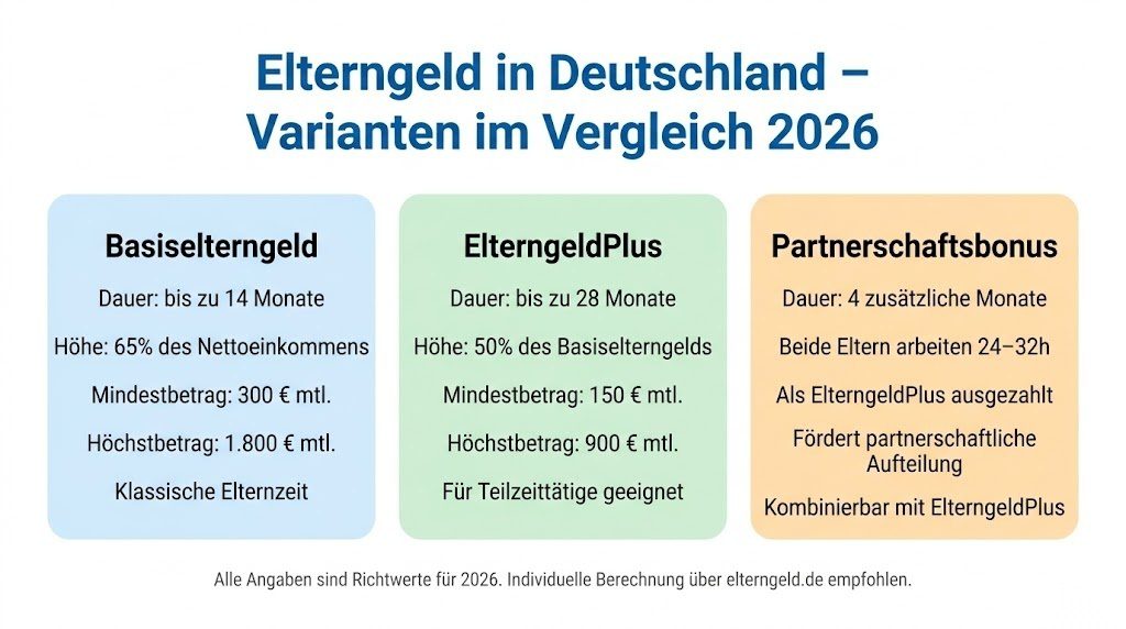Infografik zum Vergleich der drei Elterngeldvarianten in Deutschland 2026 – Basiselterngeld, ElterngeldPlus und Partnerschaftsbonus mit Dauer, Höhe und Voraussetzungen