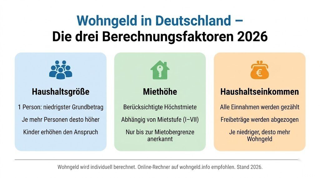 Infografik zu den drei Berechnungsfaktoren des Wohngelds in Deutschland 2026 – Haushaltsgröße, Miethöhe und Haushaltseinkommen im Überblick