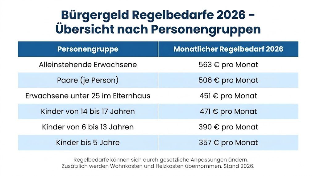 Infografik zu den Bürgergeld Regelbedarfen 2026 in Deutschland nach Personengruppen von Alleinstehenden über Paare bis zu Kindern verschiedener Altersgruppen